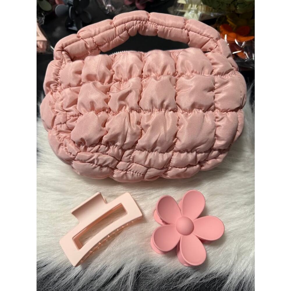 Pink Hobo Style Puffer Bag and Hair Claws